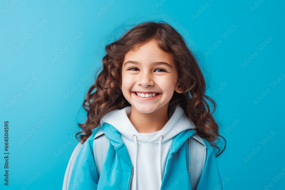 Little girl on a blue background at school. Back to school concept, young girl excited for school, wearing a backpack. Smiling school girl. Little girl on a blue background at school. Back to school concept, young girl excited for school, wearing a backpack. Smiling school girl.