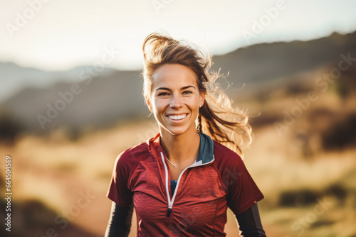 Healthy woman with beautiful smile trail running marathon. Happy healthy woman athlete runner portrait on a trail. Running a marathon. © VisualProduction