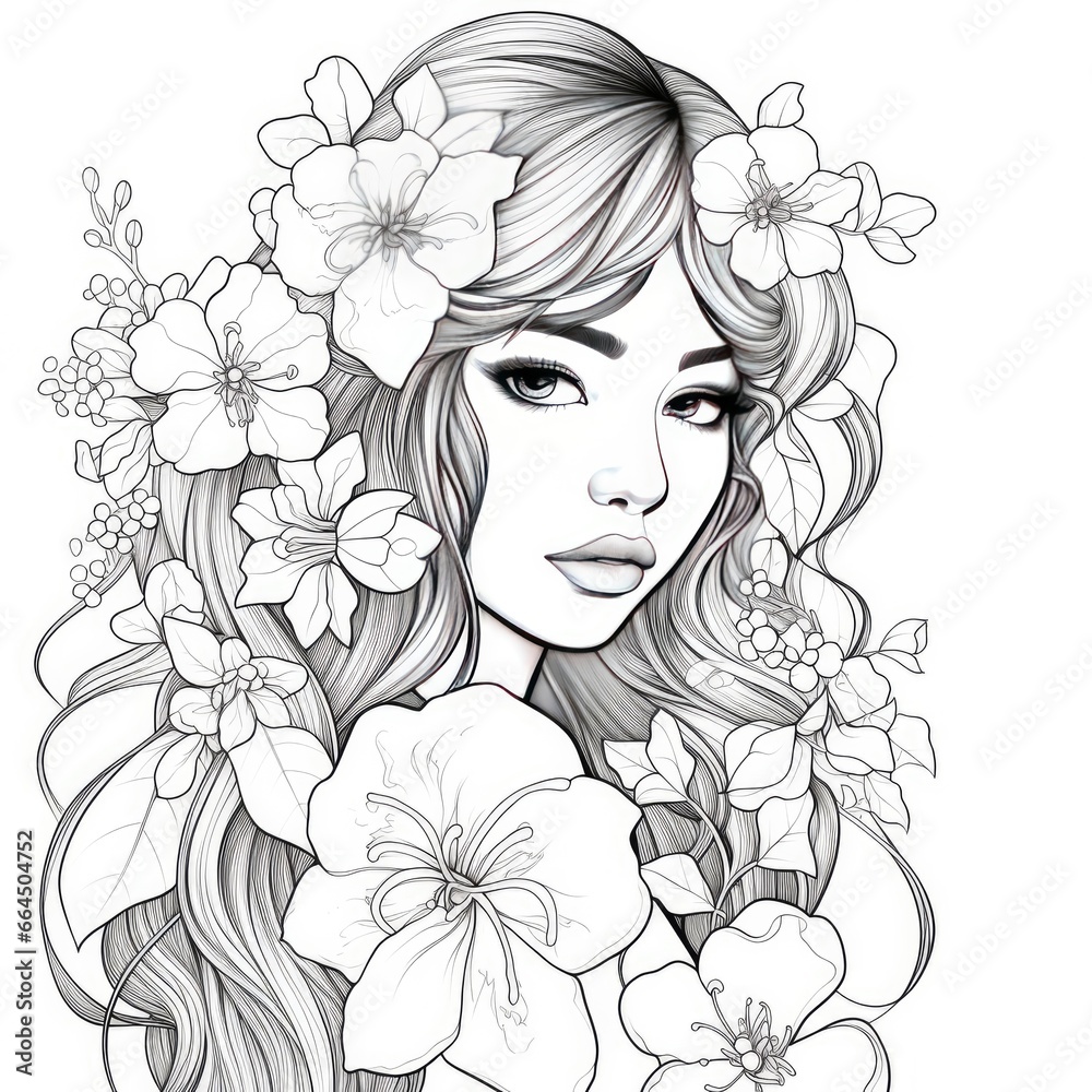 A girl on a coloring book page with Jasmine flowers. A girl on a coloring book page with Jasmine flowers.