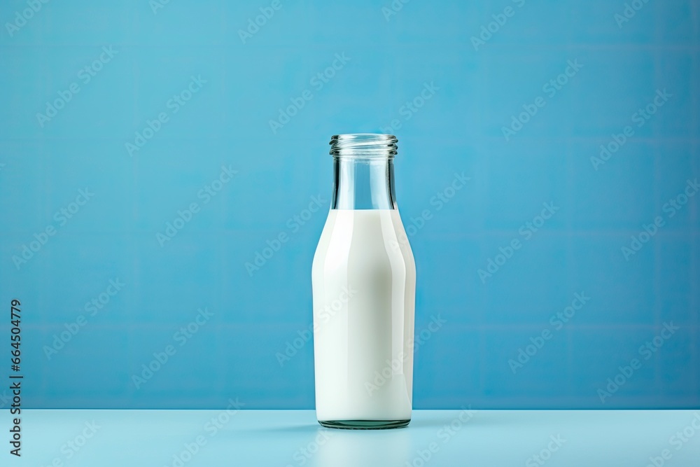 A glass bottle with full milk on blue background. A glass bottle with full milk on blue background.