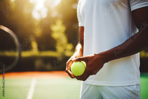 midsection of African american male tennis player holding a racket and ball. Sportsman playing tennis. professional tennis player warming up closeup. © VisualProduction