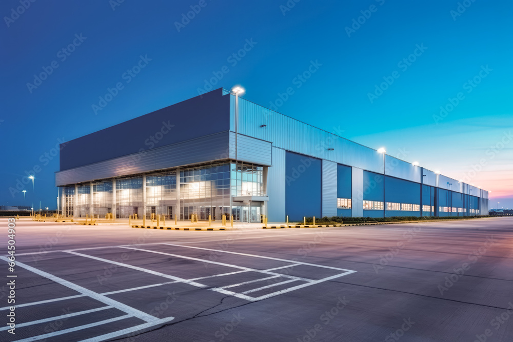 Modern logistics warehouse building structure. Big modern building for storage or logistics centre. Blue sky in the background.