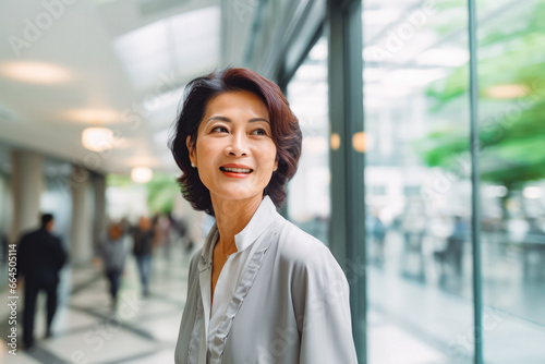 Successful mature asian woman walking in business building. Mature confident asian business woman in business environment building.
