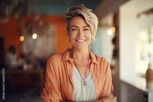 Female cafe owner, showing confidence in her small business, stands in front of the camera with arms crossed. Middle-aged caucasian woman proudly displays her role as a hospitality entrepreneur.