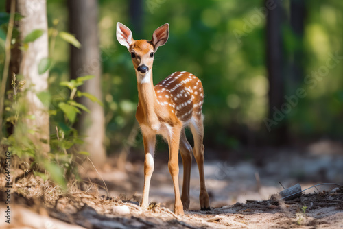 White tailed deer fawn with hind on natural trail. Wildlife photography of white tailed deer baby looking at camera. Caught in the wild.