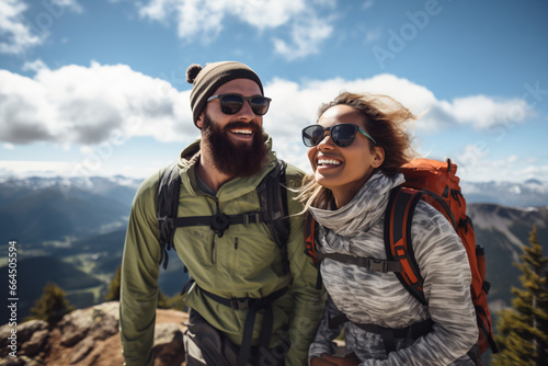 Atop a mountain, hikers, their eyes shielded from the bright landscape by polarized sunglasses, with valleys and peaks in the backdrop