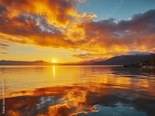 Bright sunset over Lake golden clouds reflect in the water.