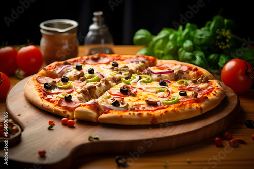 Supreme Pizza on wooden board - closeup view 