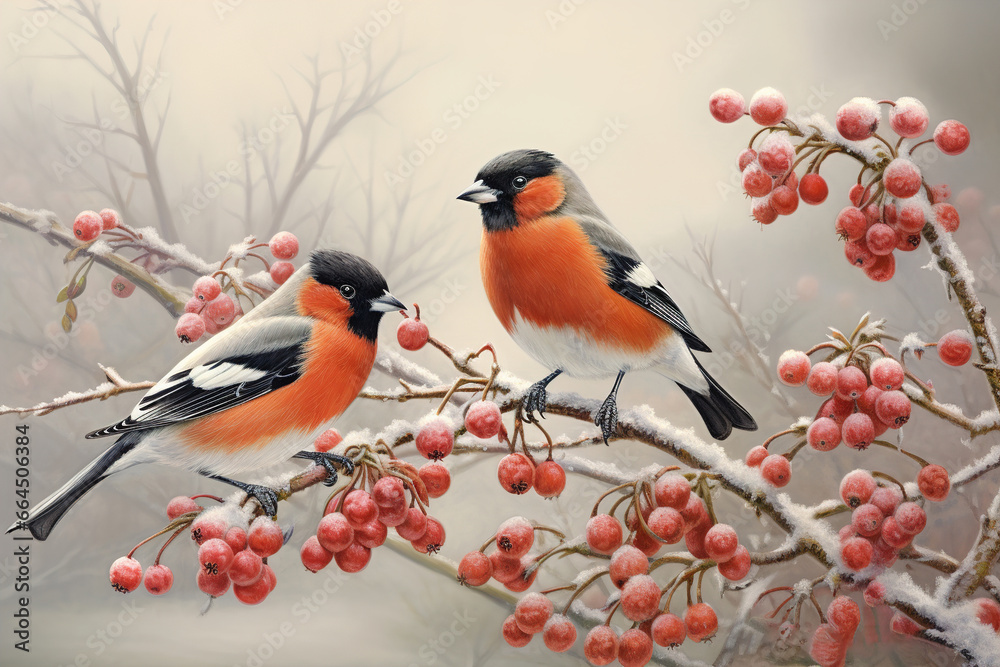 The bullfinch bird sits on a bunch of red rowan berries,