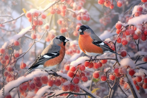 Canvas Print The bullfinch bird sits on a bunch of red rowan berries,