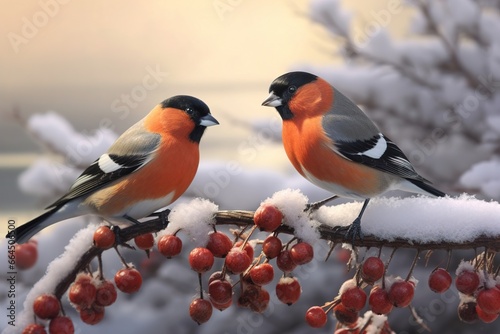 Fotografia The bullfinch bird sits on a bunch of red rowan berries,