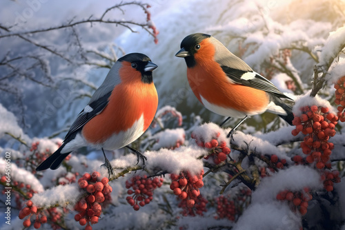 The bullfinch bird sits on a bunch of red rowan berries,