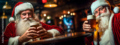 two santa claus relax in the pub drinking a beer, selfie photo