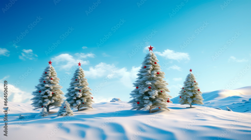 isolated christmas trees illuminated in idyllic white snowy landscape, greeting card banner concept with copy space for december holiday season, christmas background