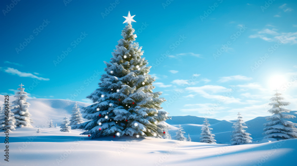 lighted isolated christmas tree in idyllic white snowy landscape, greeting card banner concept with copy space for december holiday season, christmas background