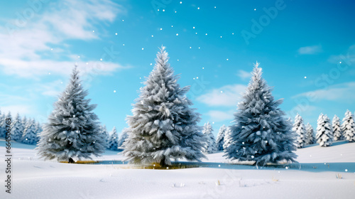 isolated christmas trees illuminated in idyllic white snowy landscape, greeting card banner concept with copy space for december holiday season, christmas background