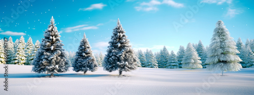 isolated christmas trees illuminated in idyllic white snowy landscape, greeting card banner concept with copy space for december holiday season, christmas background © angelo lano