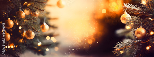 Festive winter christmas festive background with christmas tree christmas ornaments and background with blurred bokeh