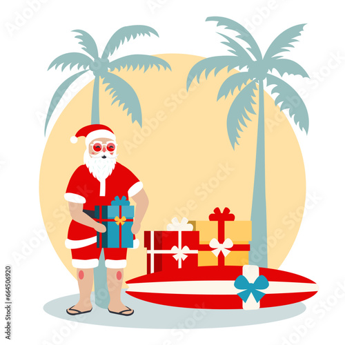 Santa Claus celebrates Christmas and New Year on vacation in the summer on South Beach and prepares gifts under a palm tree.