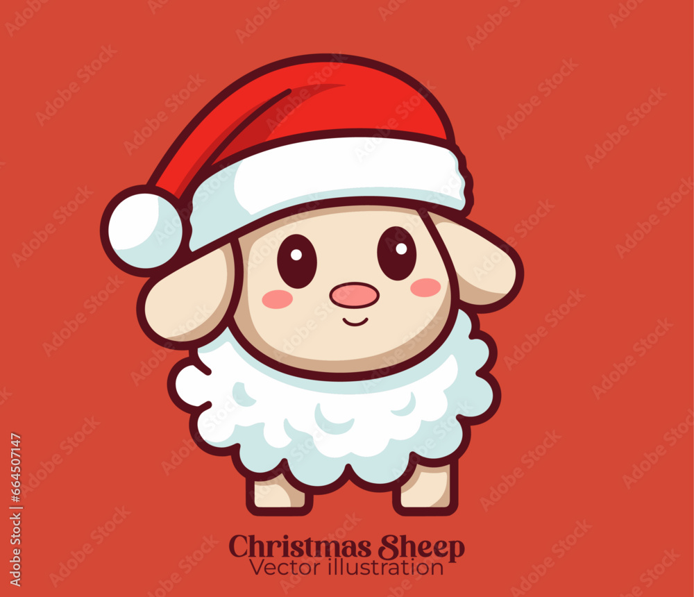 Vector cute sheep with Santa hat as an Animal Christmas cartoon character for Happy winter holiday Vector cute sheep with Santa hat as an Animal Christmas cartoon character for Happy winter holiday