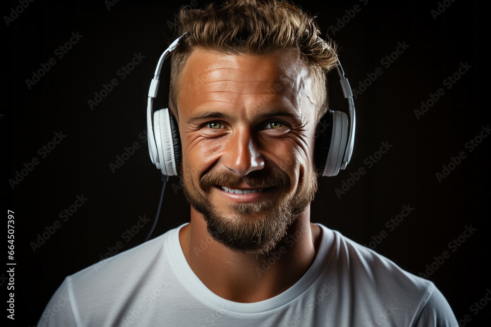 Close-up portrait of handsome middle-aged man in T-shirt wearing white headphones. Mature hipster with stylish haircut and beard listening to music and smiling happily. Isolated on black background. Close-up portrait of handsome middle-aged man in T-shirt wearing white headphones. Mature hipster with stylish haircut and beard listening to music and smiling happily. Isolated on black background.