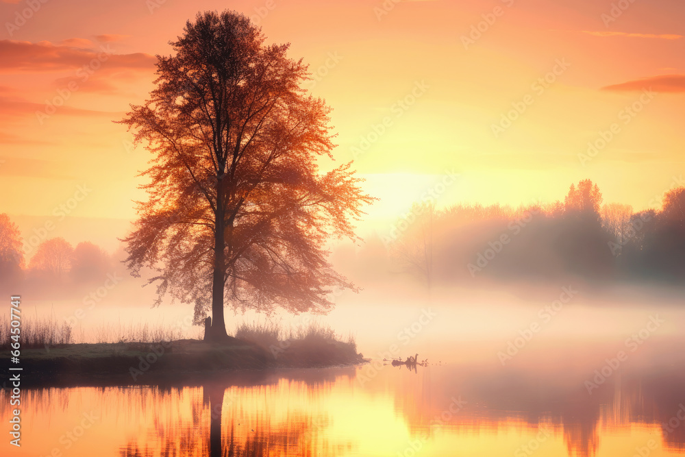 Dreamy Autumn Landscape. Lonely Tree With Colorful Leaves By The Foggy Gloomy Lake. Beautiful Minimalistic Wallpaper. Ai Generated