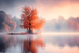 Dreamy Autumn Landscape. Lonely Tree With Colorful Leaves By The Foggy Gloomy Lake. Beautiful Minimalistic Wallpaper. Ai Generated
