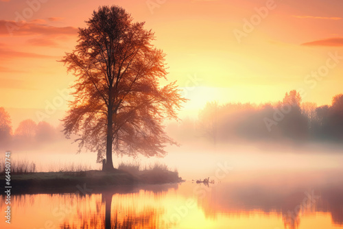 Dreamy Autumn Landscape. Lonely Tree With Colorful Leaves By The Foggy Gloomy Lake. Beautiful Minimalistic Wallpaper. Ai Generated