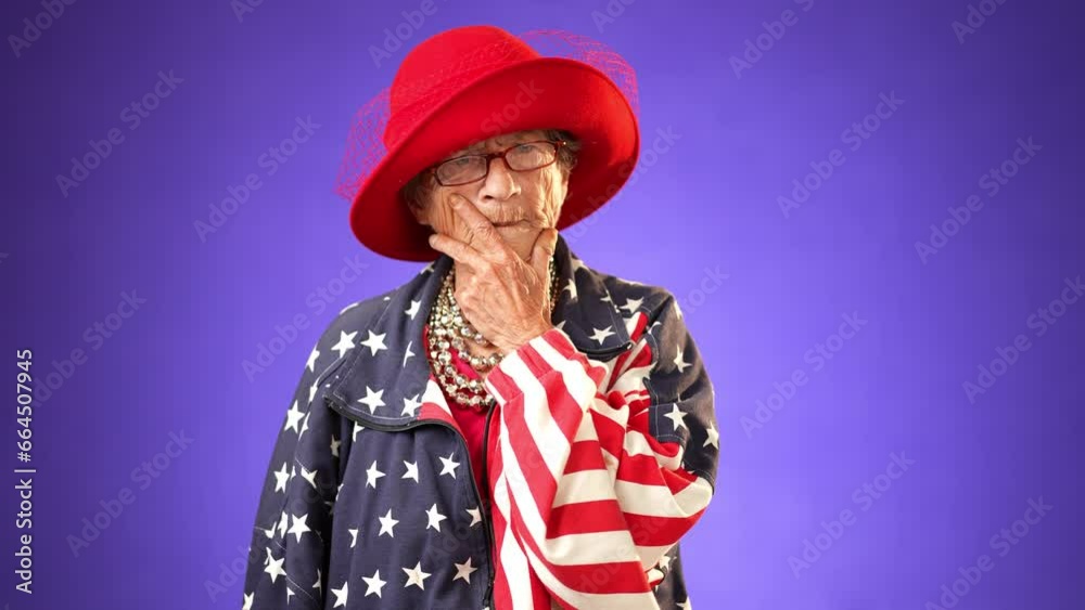 Portrait of toothless funny elderly senior old woman with wrinkled skin looks at camera gets great idea gives gesture showing explosion of ideas posing isolated on purple background with.