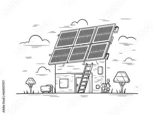 Doodle Solar panel installation, cartoon sticker, sketch, vector, Illustration, minimalistic