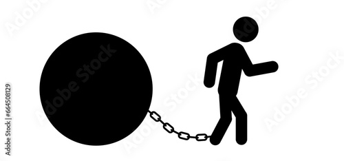 Cartoon deadline or slave iron. Stickman, people walks with a weight chained to his foot. Prisoner with ball on chain icon. Stick figure man logo. Convict sign. Shackle symbol. Chain and ball concept