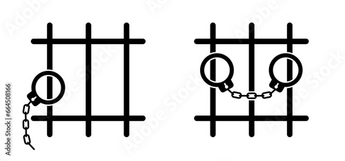 Prisoner, law enforcement and criminal justice sign. male hands in handcuffs. Jail, bars prison icon. jailed hands. Slave iron. Prisoner or arrested man and chain wire. Locking up prisoners or slaves.