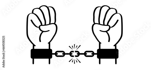 Arrest. Chain of slavery, hand in handcuffs. Broken, chained, handcuffed hands. Slave iron, prisoner, problems, convict, freedom, debt, addiction liberty, liberation, slavery or bad habits. Shackle. 