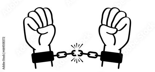 Arrest. Chain of slavery, hand in handcuffs. Broken, chained, handcuffed hands. Slave iron, prisoner, problems, convict, freedom, debt, addiction liberty, liberation, slavery or bad habits. Shackle. 