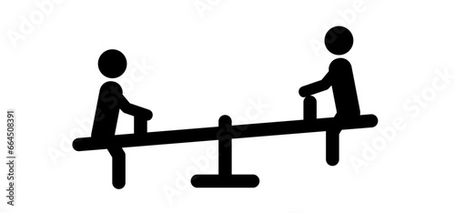 Cartoon stick figures man sitting on seesaw. Teetertotter or swing sign, Weighing balance scale concept. Kids, children play on the playground. Facility icon, public facility logo. Business, teamwork.