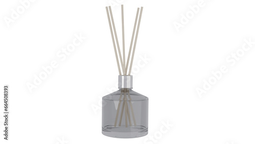 Empty glass aroma bottle with wooden sticks isolated on transparent and white background. Aroma concept. 3D render