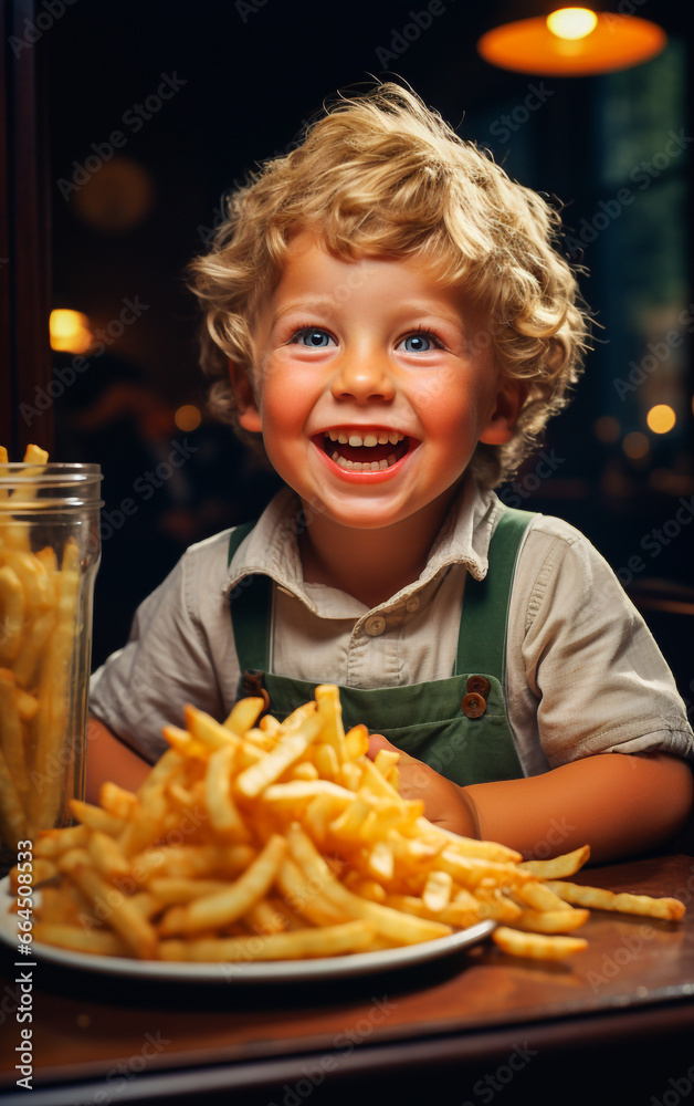 A joyful child in front of a big plate full of fries A joyful child in front of a big plate full of fries