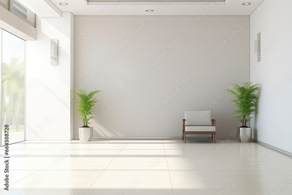 Interior design of a modern luxurious white building corridor or hallway with waiting seat. - obrazy, fototapety, plakaty 