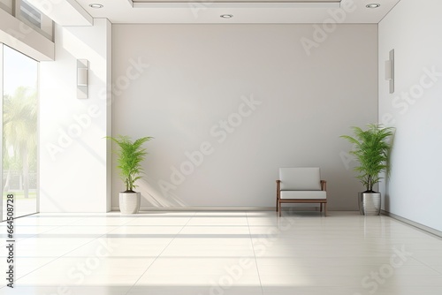 Interior design of a modern luxurious white building corridor or hallway with waiting seat. photo