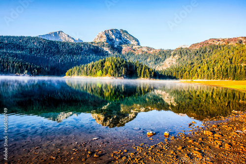 Fototapeta Naklejka Na Ścianę i Meble -  Beautifully morning on a mountain lake. HDR Image (High Dynamic Range).