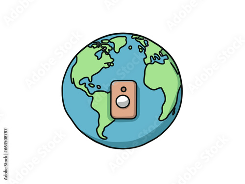 Doodle Earth with switch in off position, cartoon sticker, sketch, vector, Illustration, minimalistic