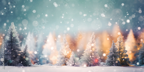 Beautiful winter background image of frozen fir branches and small drifts of pure snow with Christmas bokeh lights and space for text. Banner. © Рика Тс