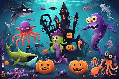 A composition of sea creatures dressed for Halloween, underwater scene