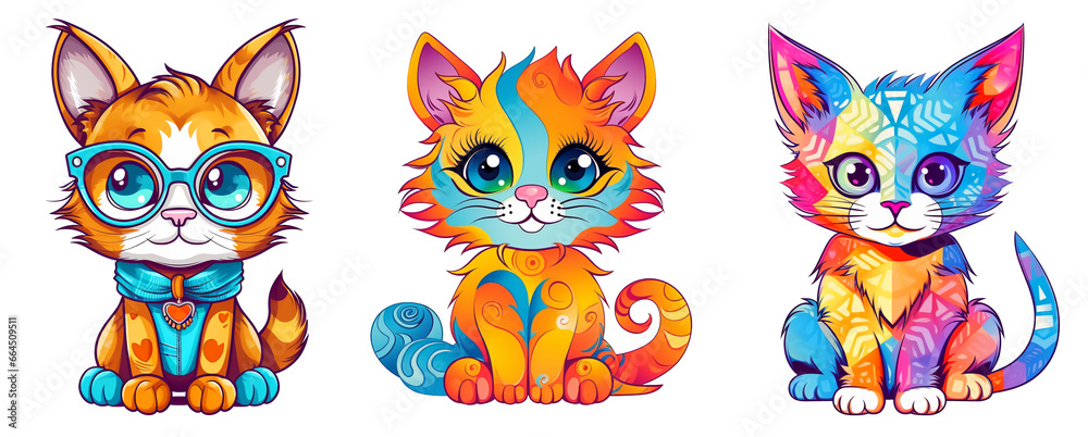 Fototapeta premium Cute cat with love heart cartoon illustration set