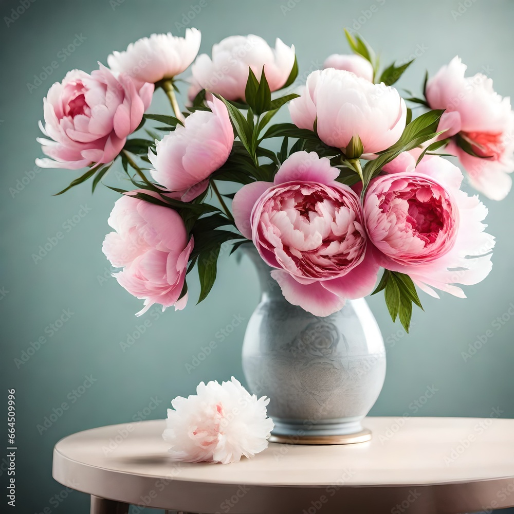 Obraz premium Vase with beautiful peony flowers on table Vase with beautiful peony flowers on table