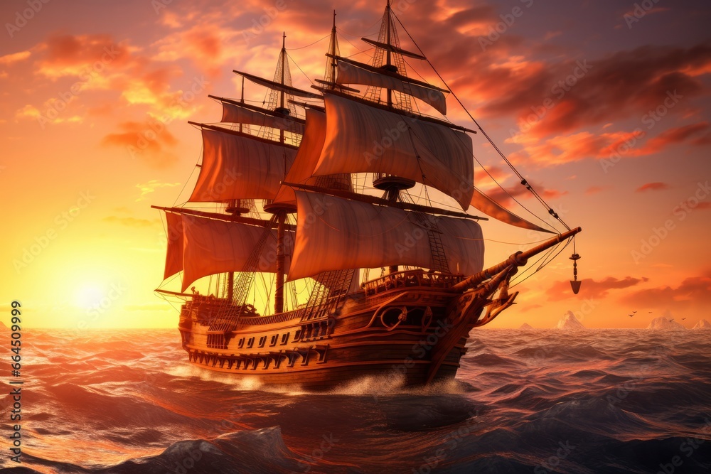 Obraz premium Pirate ship sailing on the ocean at sunset. Vintage cruise.
