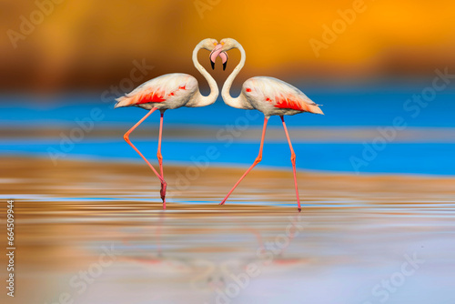 Flamingos joined together to form a heart sign. Nature background.