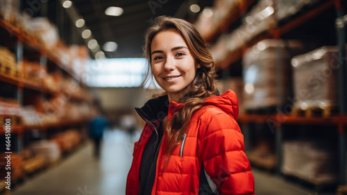 Portrait of happy young woman warehouse worker wearing safety jacket looking at camera.
 photo