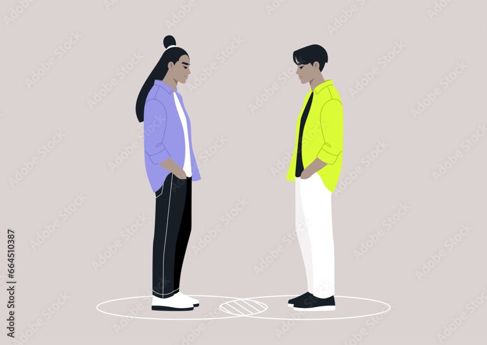 Two characters standing within their individual circles that intersect, serving as a metaphor for both their commonalities and differences Two characters standing within their individual circles that intersect, serving as a metaphor for both their commonalities and differences