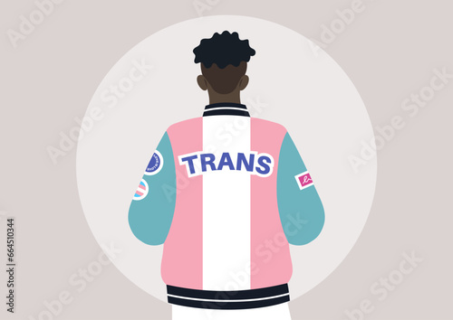 A young character donning a bomber jacket designed to show support for the LGBTQ community, adorned with the vibrant colors of the pride flag and embellished with patches and pins endorsing tolerance